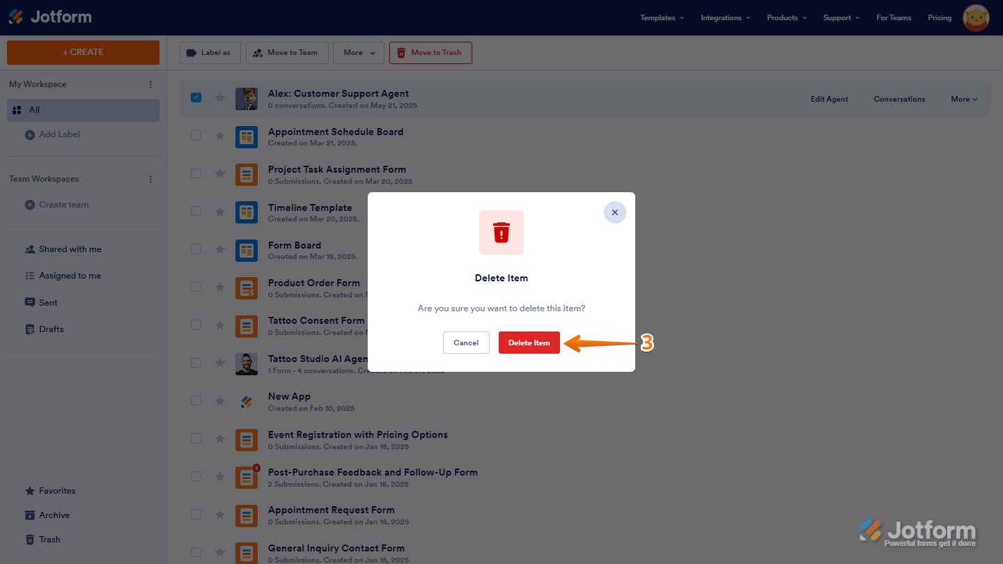Delete Item Button in Workspace in Jotform