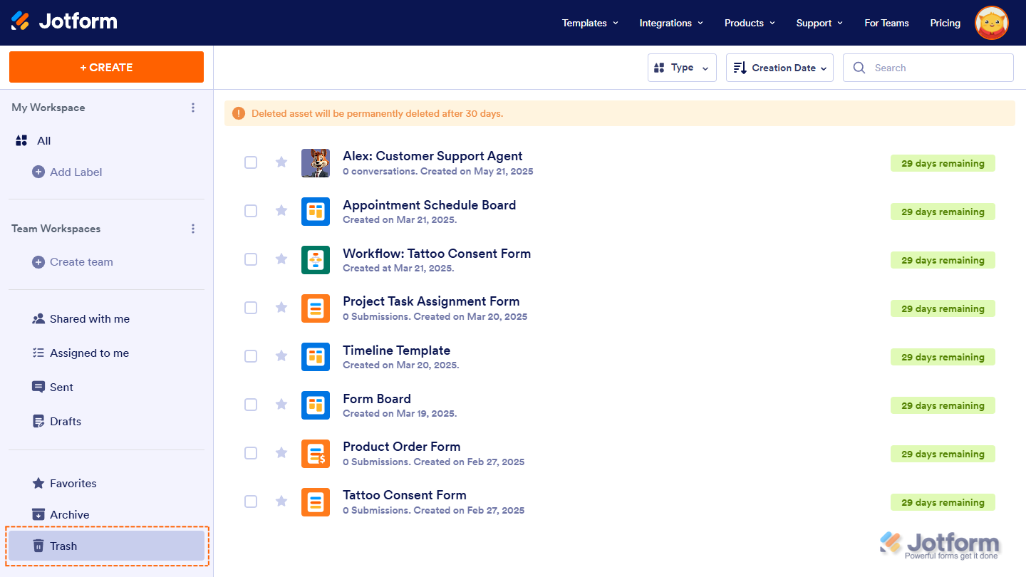 Trash option on the Left Workspace Jotform