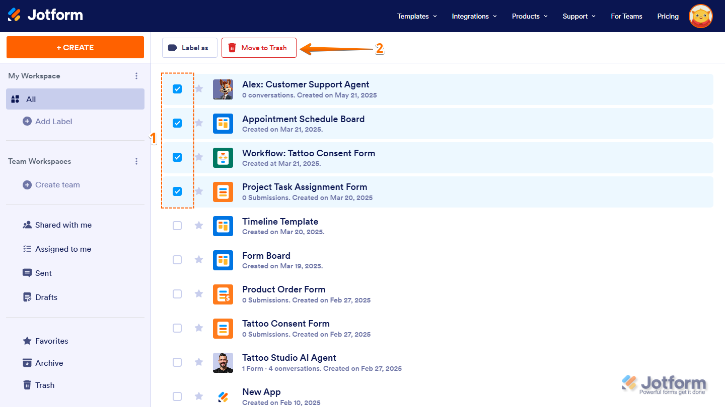 Selecting Multiple Assets and Move to Trash option in Workspace Jotform