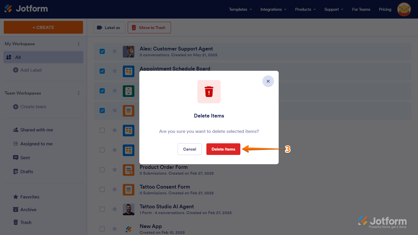 Delete Items window in Workspace Jotform