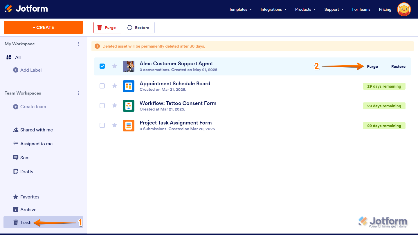 Select Asset and Purge Button in Workspace Jotform