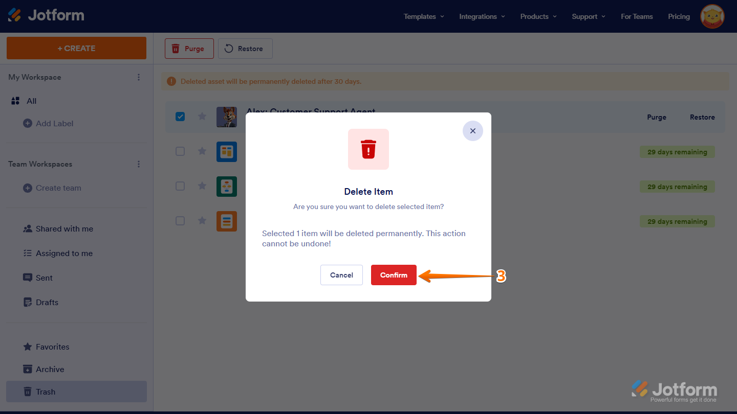 Delete Item Window and click on Confirm Workspace in Jotform