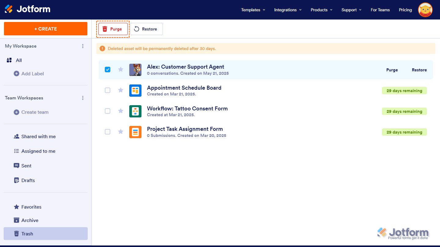 Purge Button Workspace in Workspace Jotform