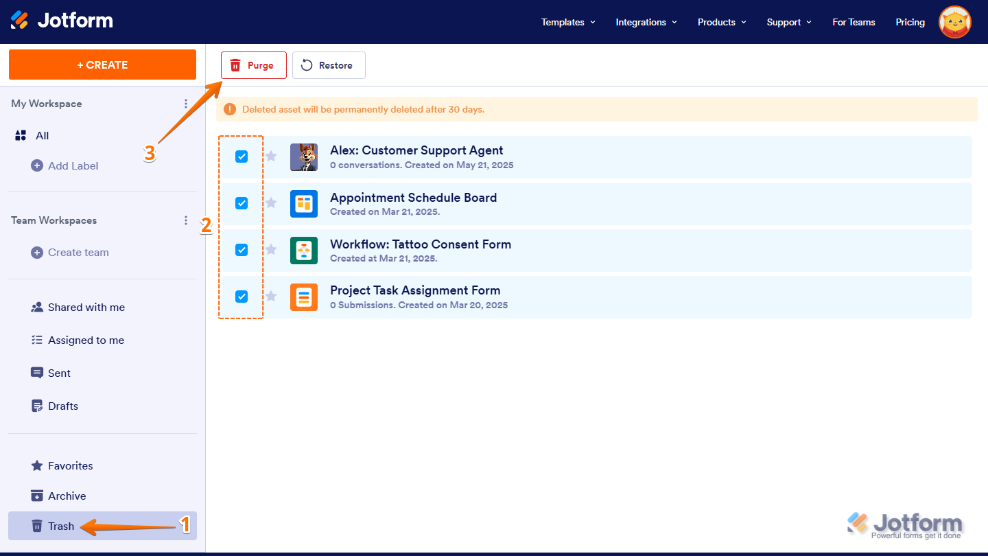 Selecting Multiple Assets and Purge Button in Workspace Jotform