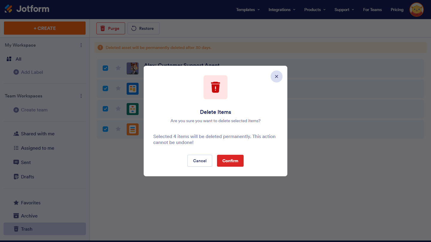 Delete Items window click on Confirm