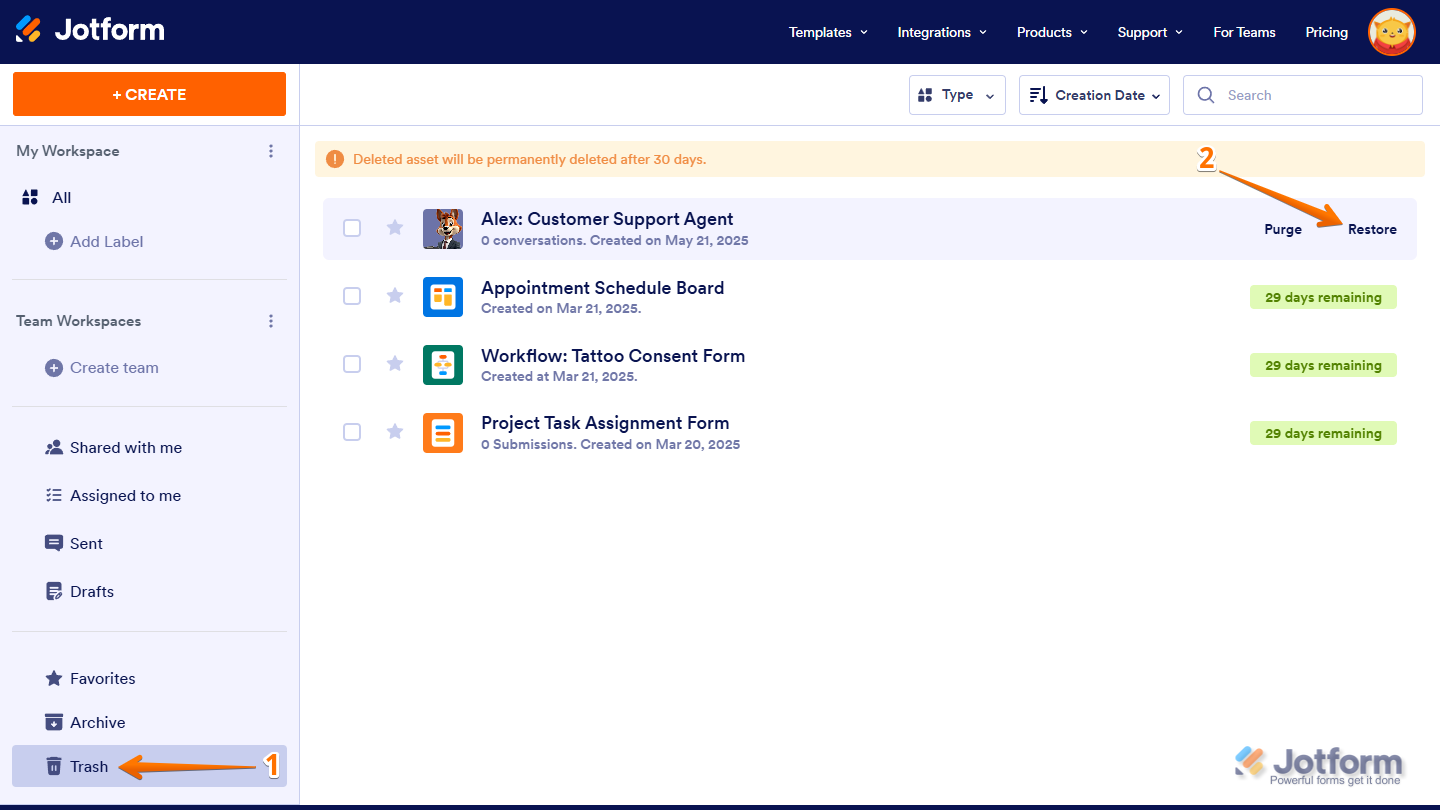 Restore Button in Workspace Jotform