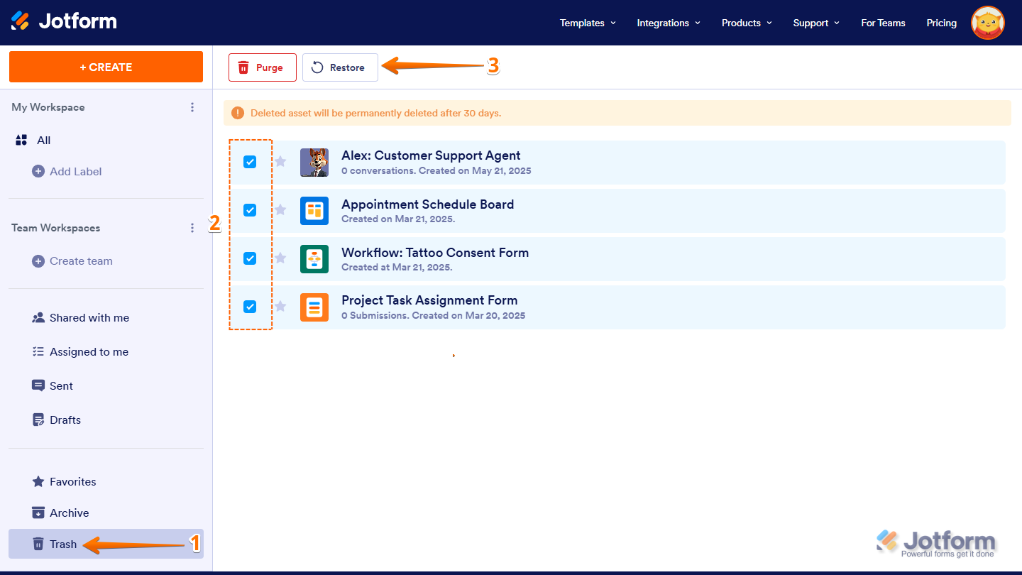 Selecting Multiple Assets and Restore Button in Workspace Jotform