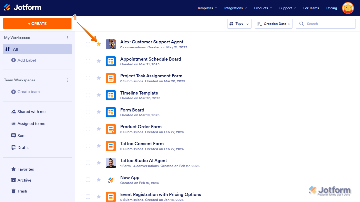Favoriting Asset in Workspace Jotform