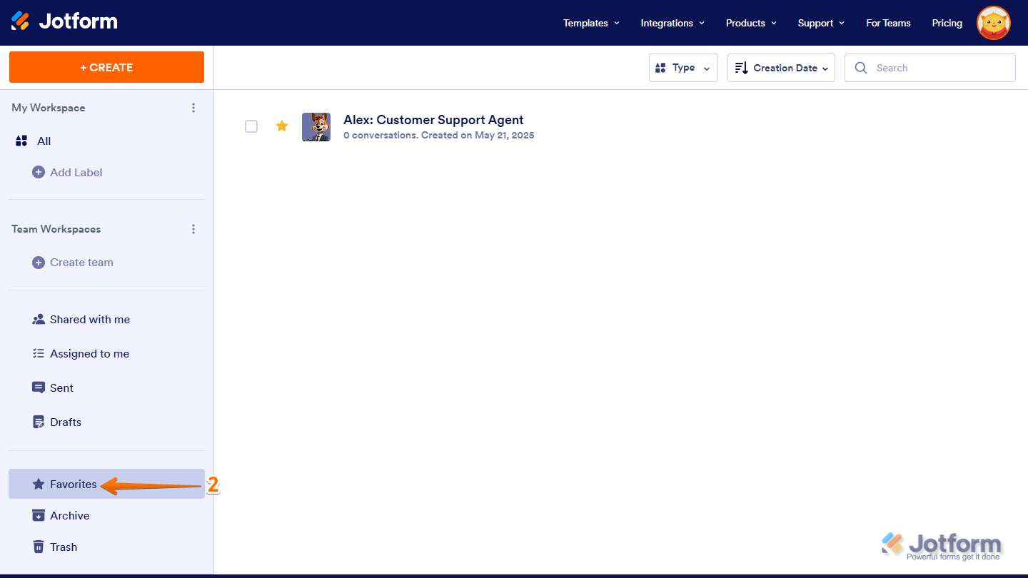 Favorite Section in Workspace Jotform
