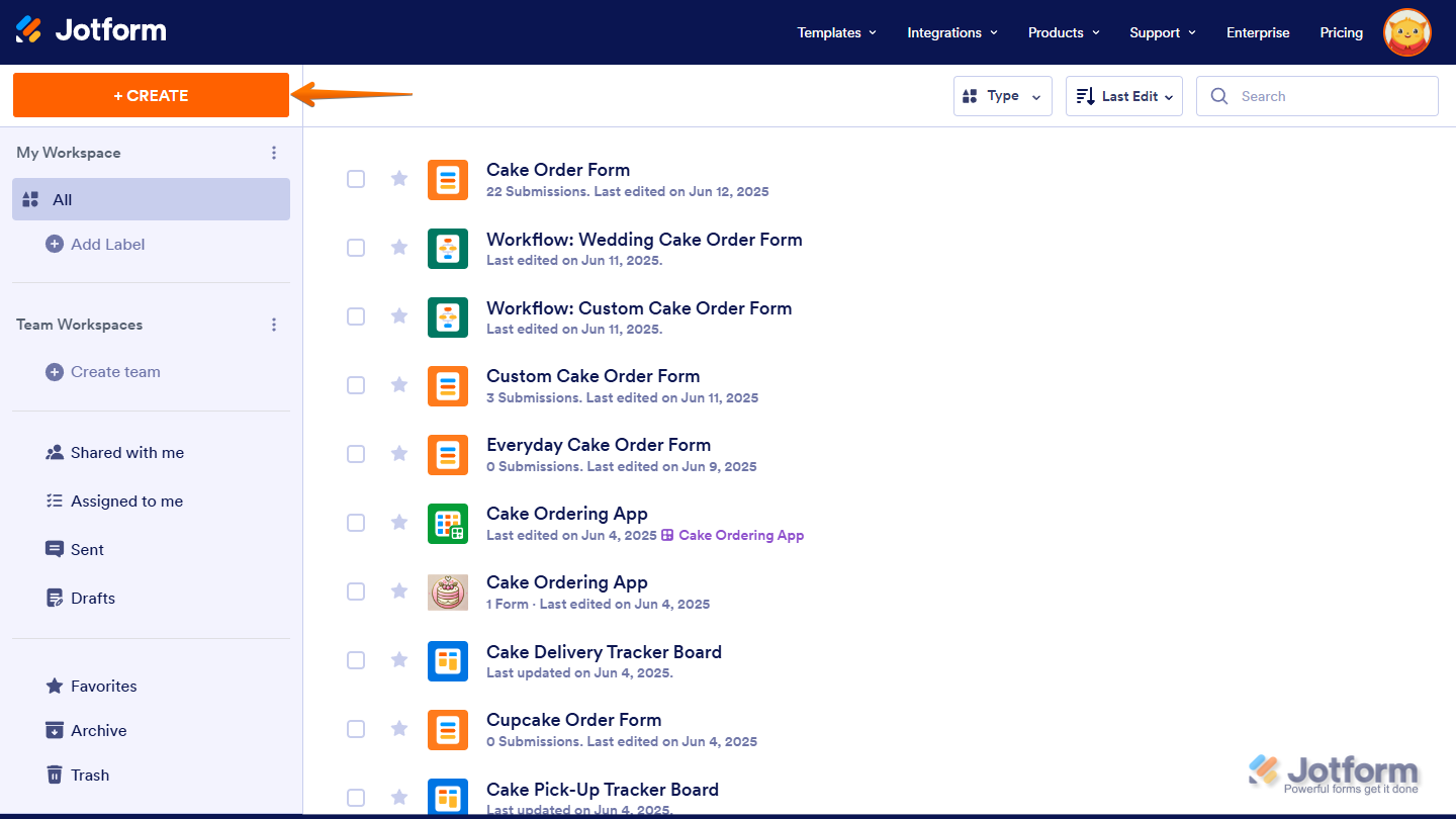 Create Asset button on the Jotform My Workspace page