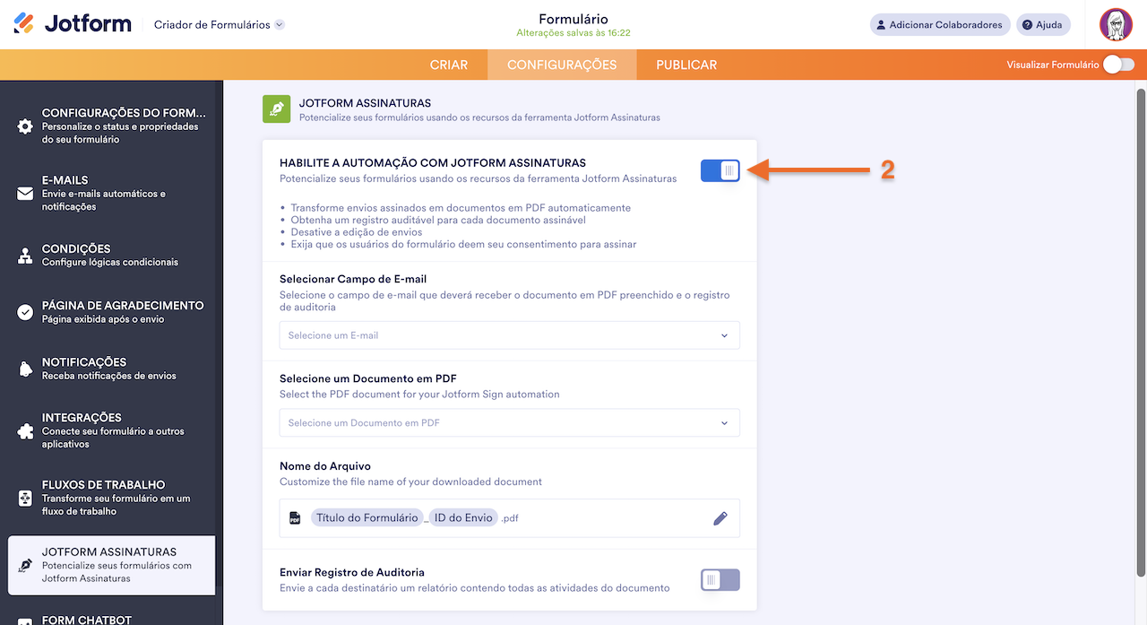 Ativando Jotform Assinaturas - 2