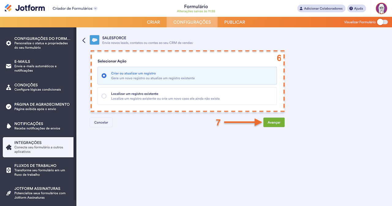 Selecionando ação do objeto no Salesforce