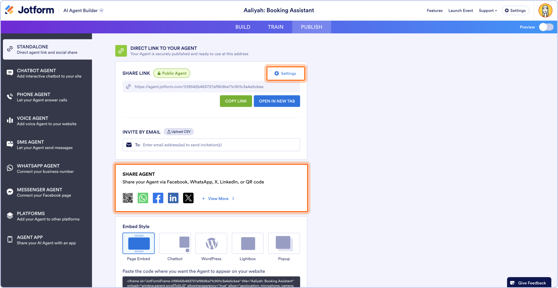 Standalone settings and Share Agent options