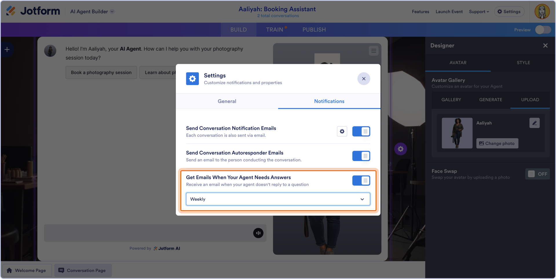 AI Agent Builder settings modal