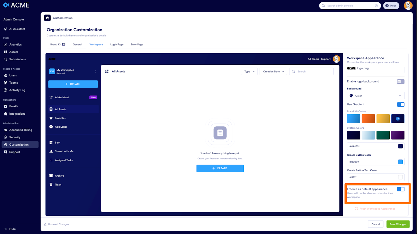 Toggling the Enforce as default appearance option to On under the Workspace Appearance options