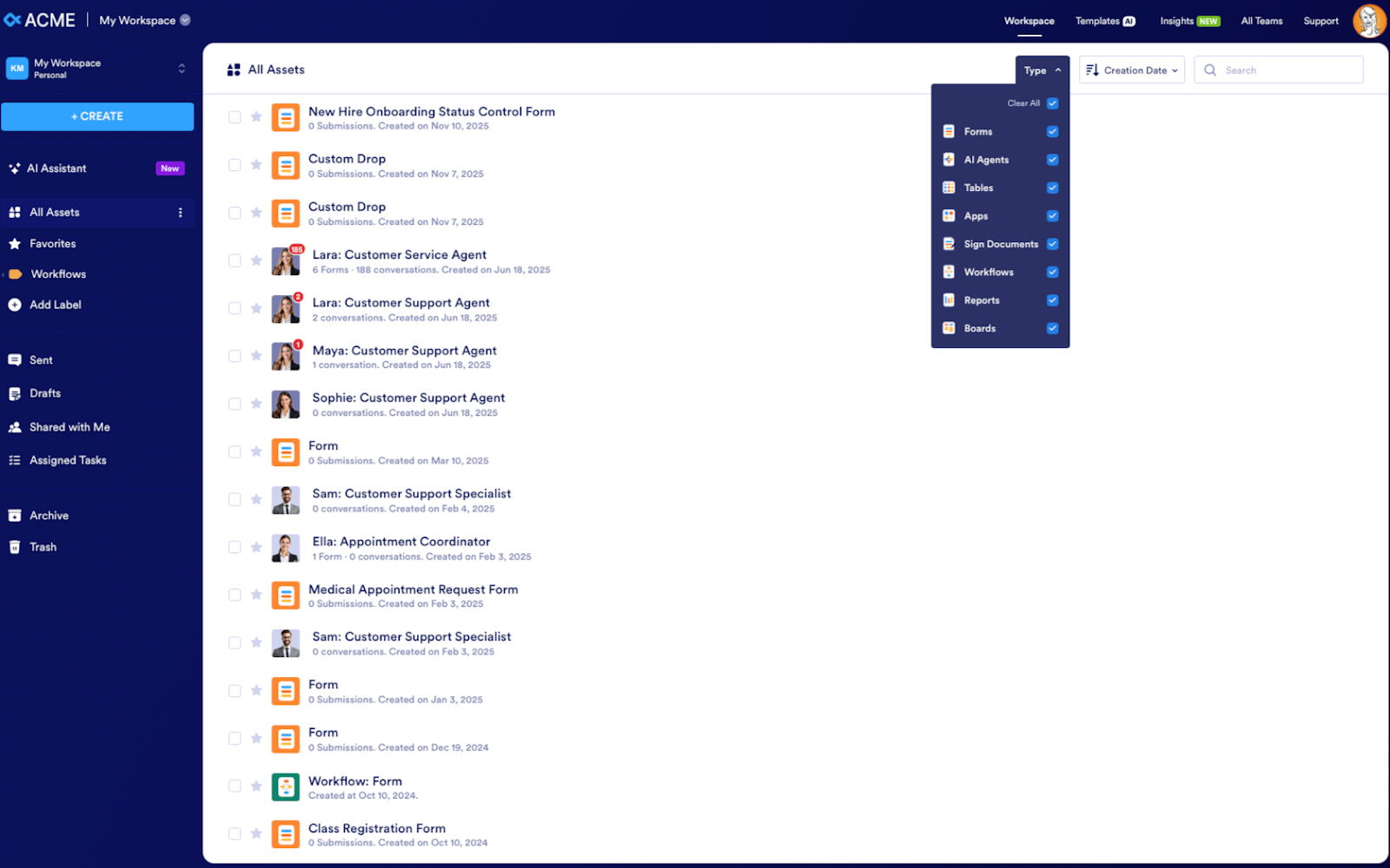 Selecting Forms and the Submission Type asset type under the Type dropdown