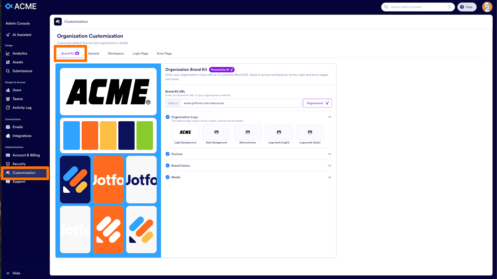 Clicking on the Customization option and then the Brand Kit feature
