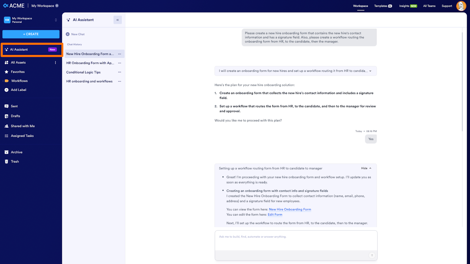 Clicking on the AI Assistant option on My Workspace page