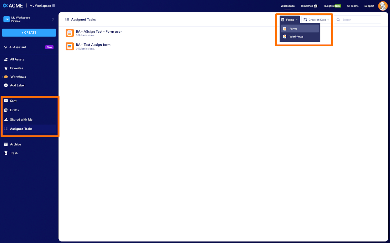 Selecting the Assigned Tasks option and then viewing the Forms and Workflows options