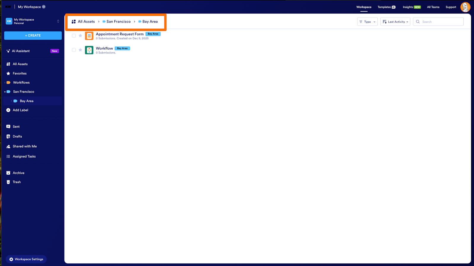 Viewing the breadcrumb menu at the top on the My Workspace page