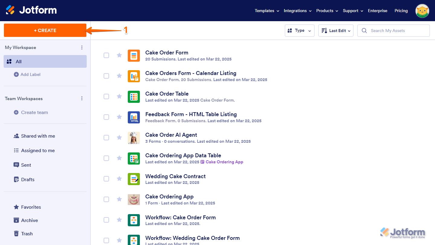Create Asset button on the Jotform My Workspace page