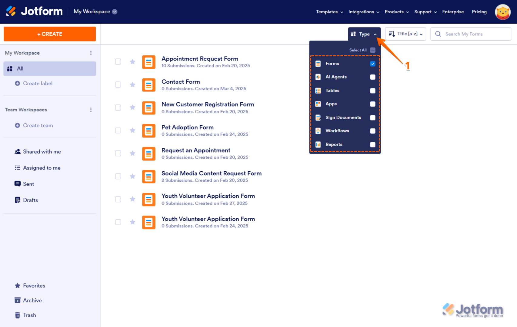 Página de trabajo de Jotform con el menú desplegable 'Tipo' abierto, mostrando solo 'Formularios' seleccionado