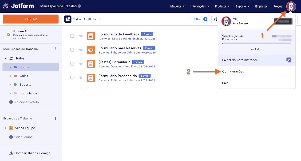 Abrindo a página Configurações da Conta a partir da página Meu Espaço de Trabalho