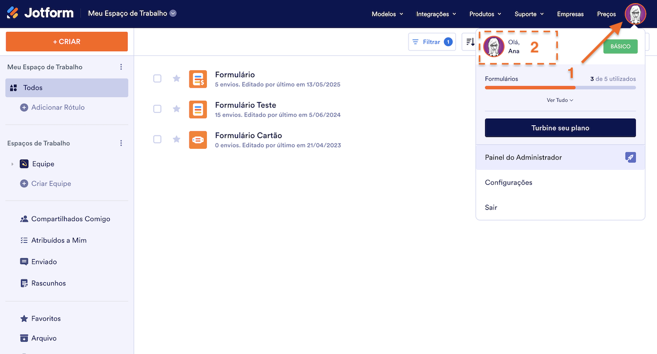 Acessando as configurações da conta