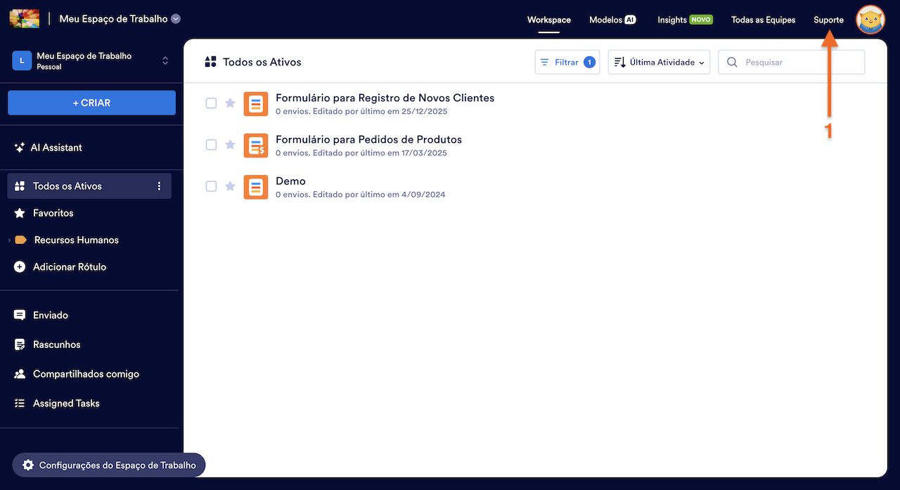Clicando em Suporte em sua página inicial