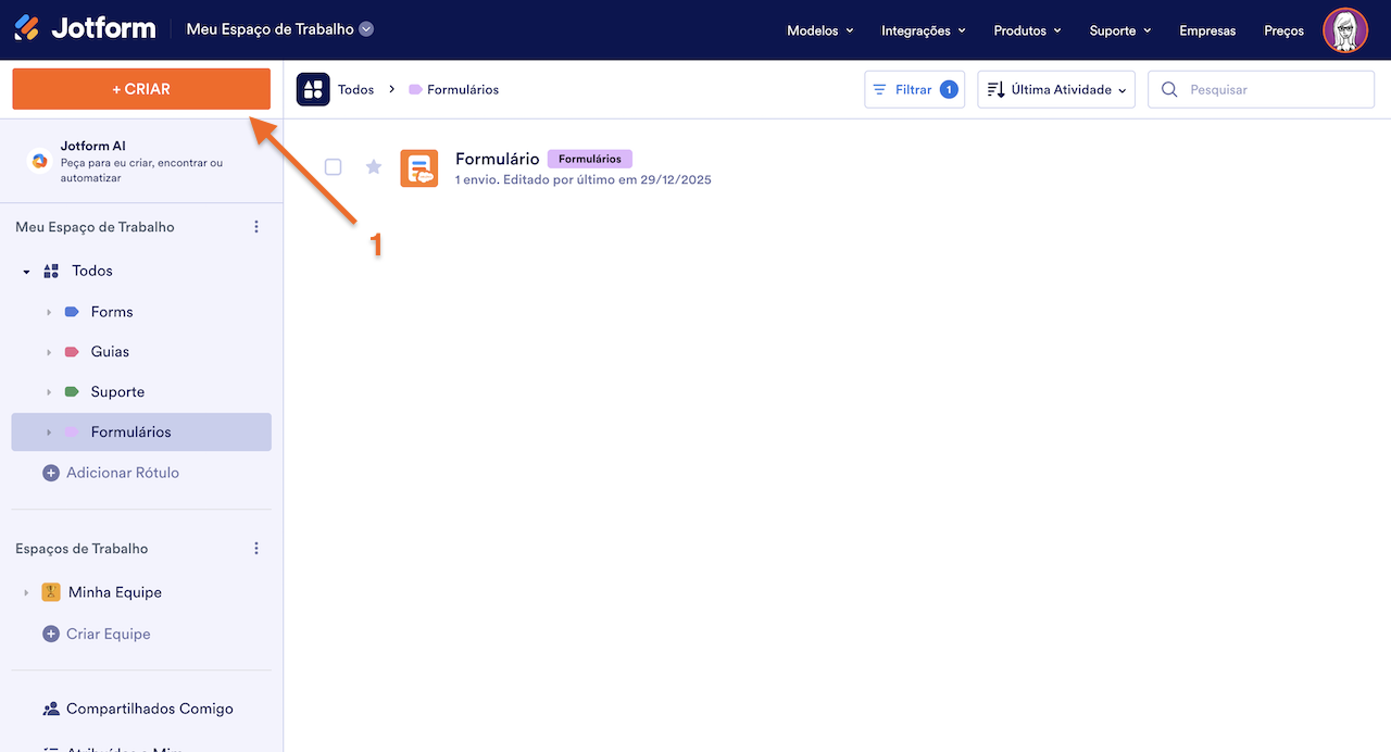 Selecionando o botão Criar na página Meu Espaço de Trabalho