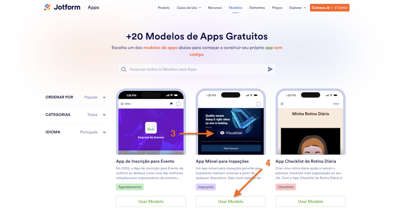 Selecionando Visualizar ou Usar Modelo como opções para os modelos de apps