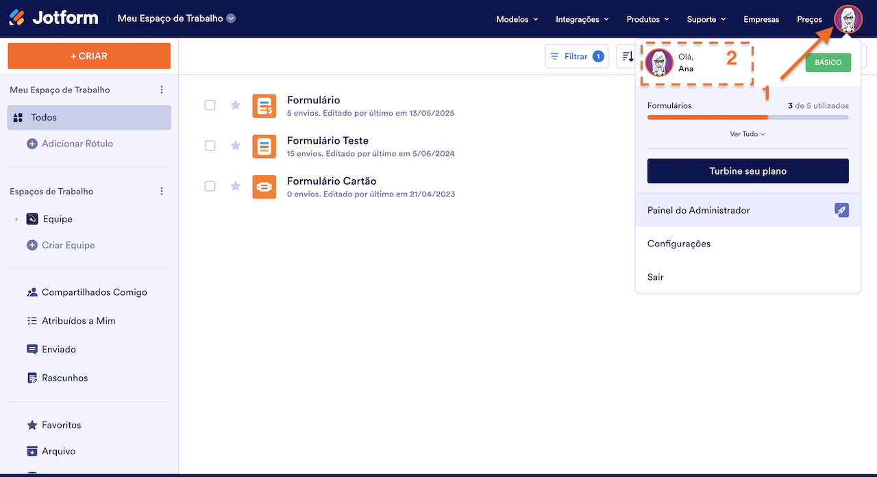 Acessando configurações da conta