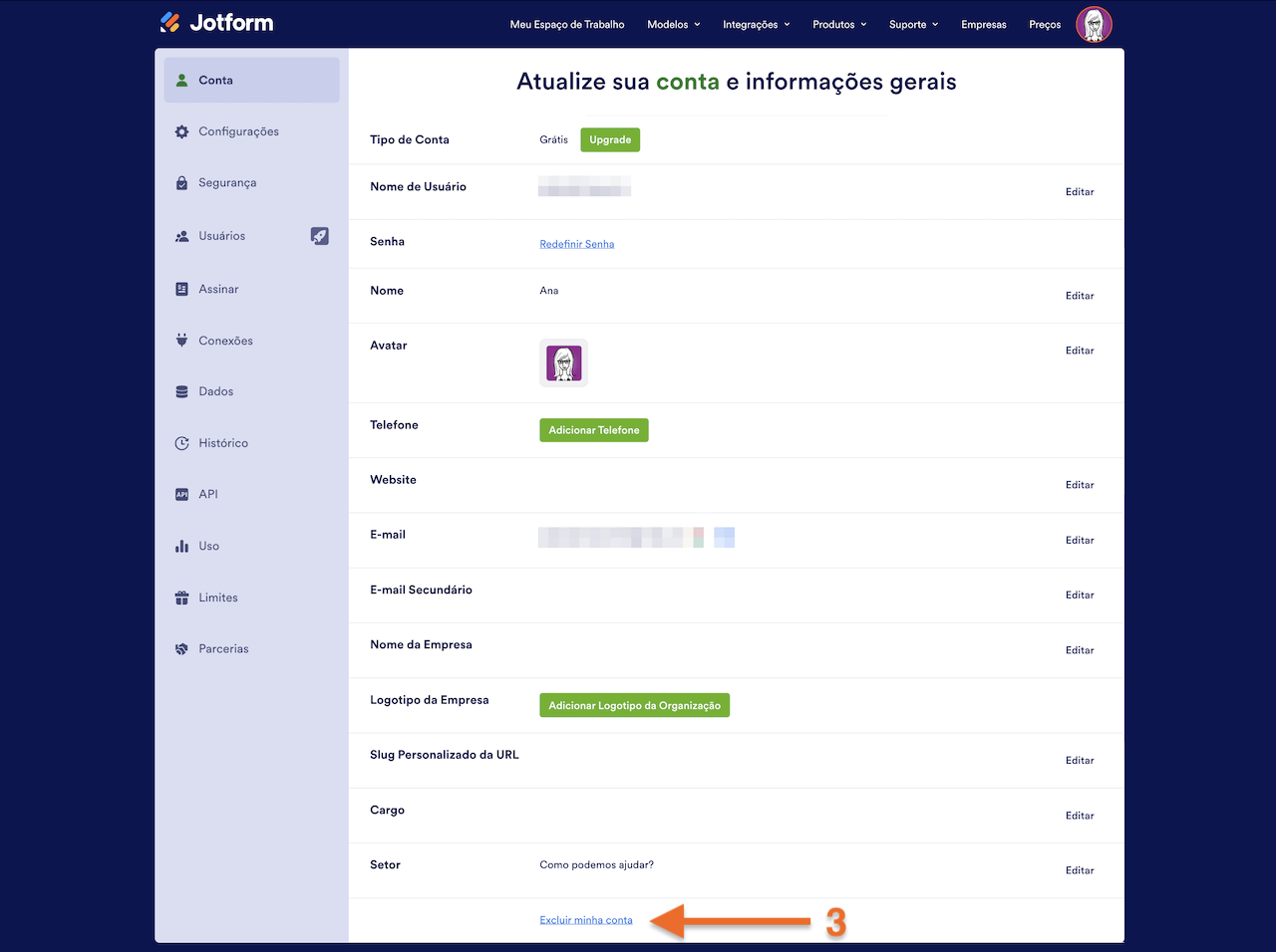 Link excluir minha conta