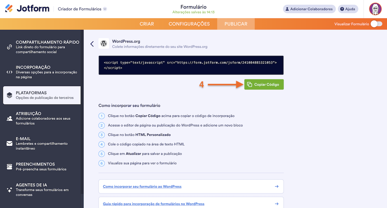 Copiar código de incorporação