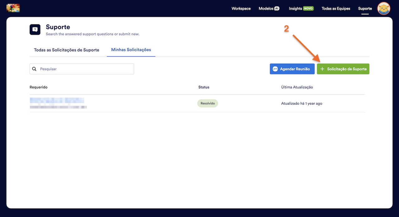 Clicando em + Solicitação de Suporte