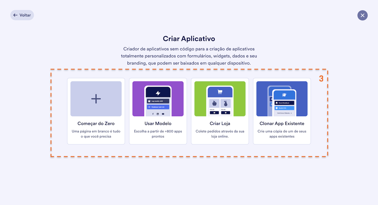 Escolhendo uma das opções para criação de apps