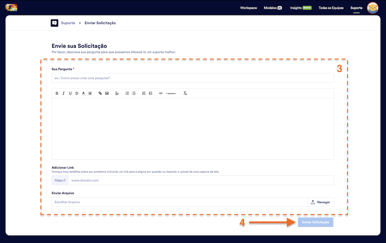 Preenchendo solicitação de suporte