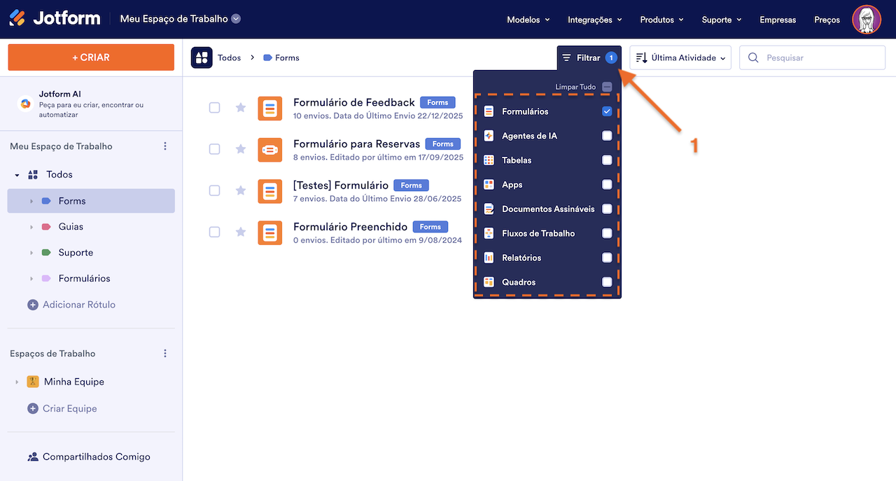 Clicando em Tipo na parte superior e desmarcando as caixas ao lado de todos os ativos, exceto Formulários