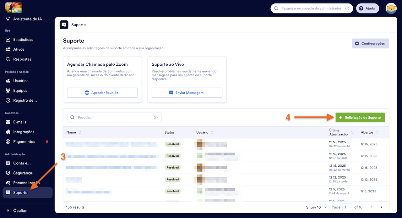 Acessando a aba Suporte e clicando em Solicitação de Suporte