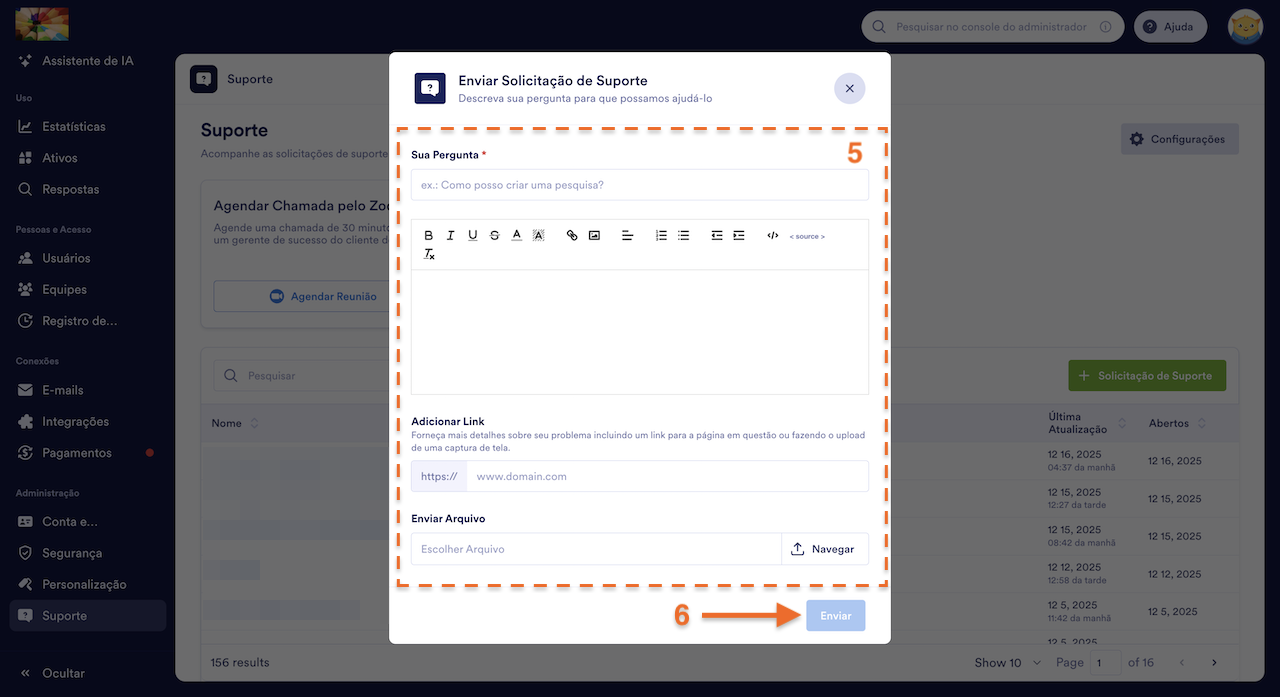 Janela Enviar Solicitação de Suporte
