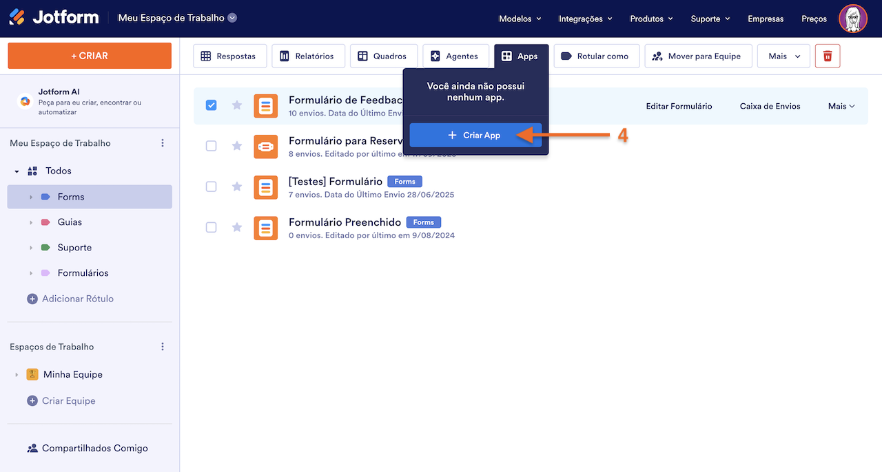 Clicando no botão + Criar App