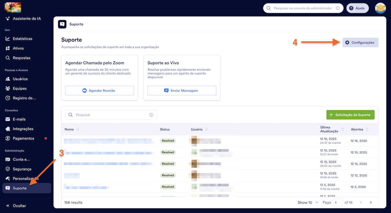 Acessando a aba Suporte e clicando em Configurações