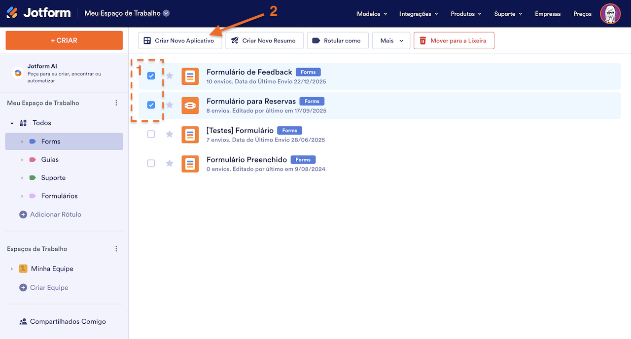 Selecionando múltiplos formulários e clicando em Criar Novo Aplicativo