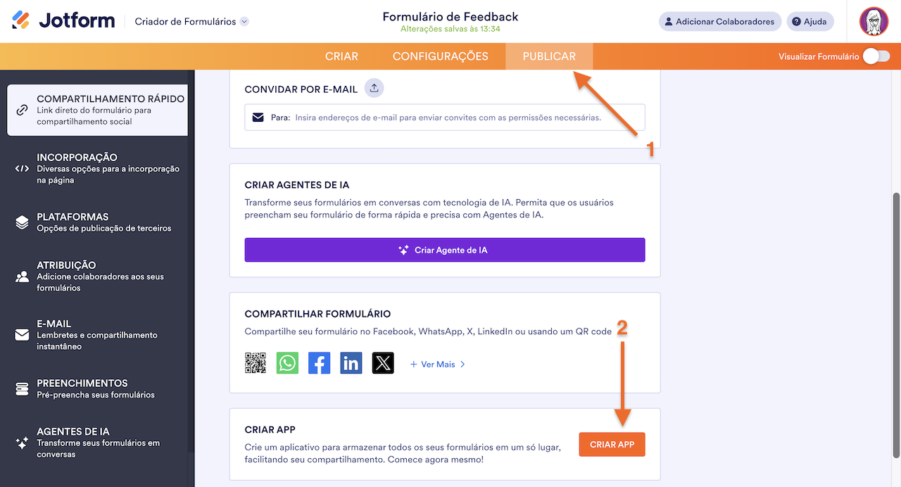 Criando App na página Publicar no Criador de Formulários