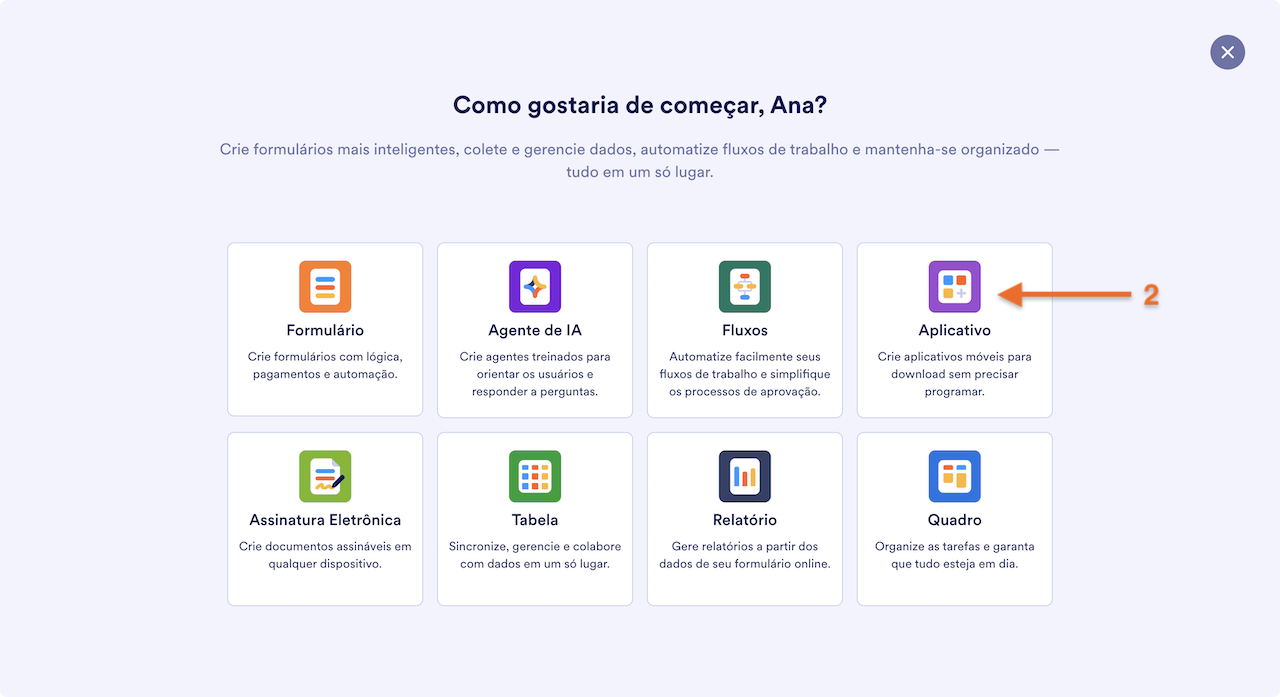 Escolhendo Aplicativo como opção depois de selecionar o botão Criar