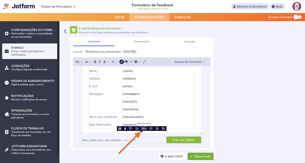 Removendo o branding da Jotform de um e-mail automático