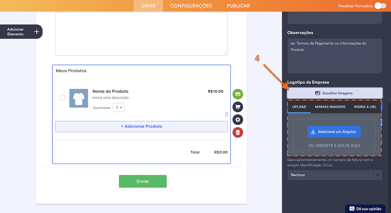 Opções de upload do Logotipo da Empresa