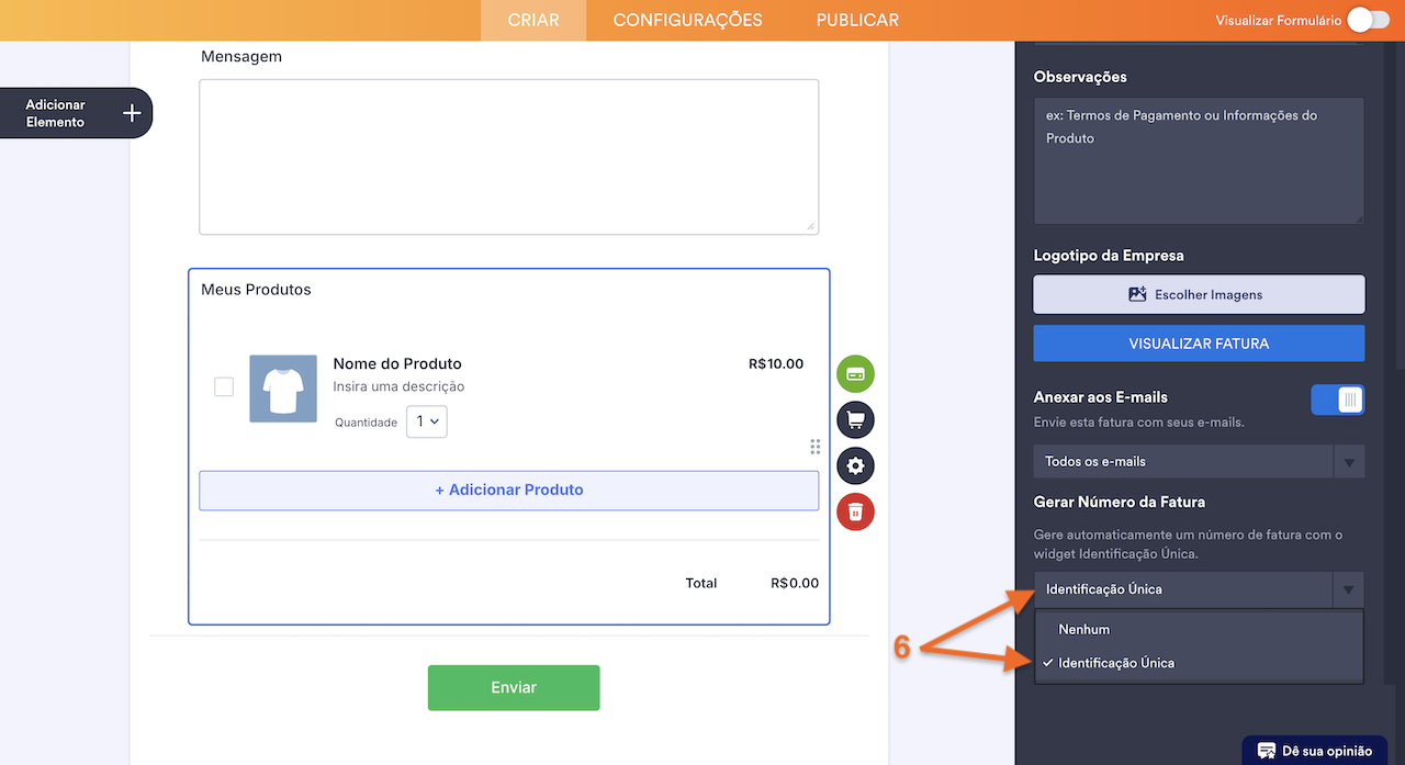 Opção Gerar Número da Fatura e suas configurações