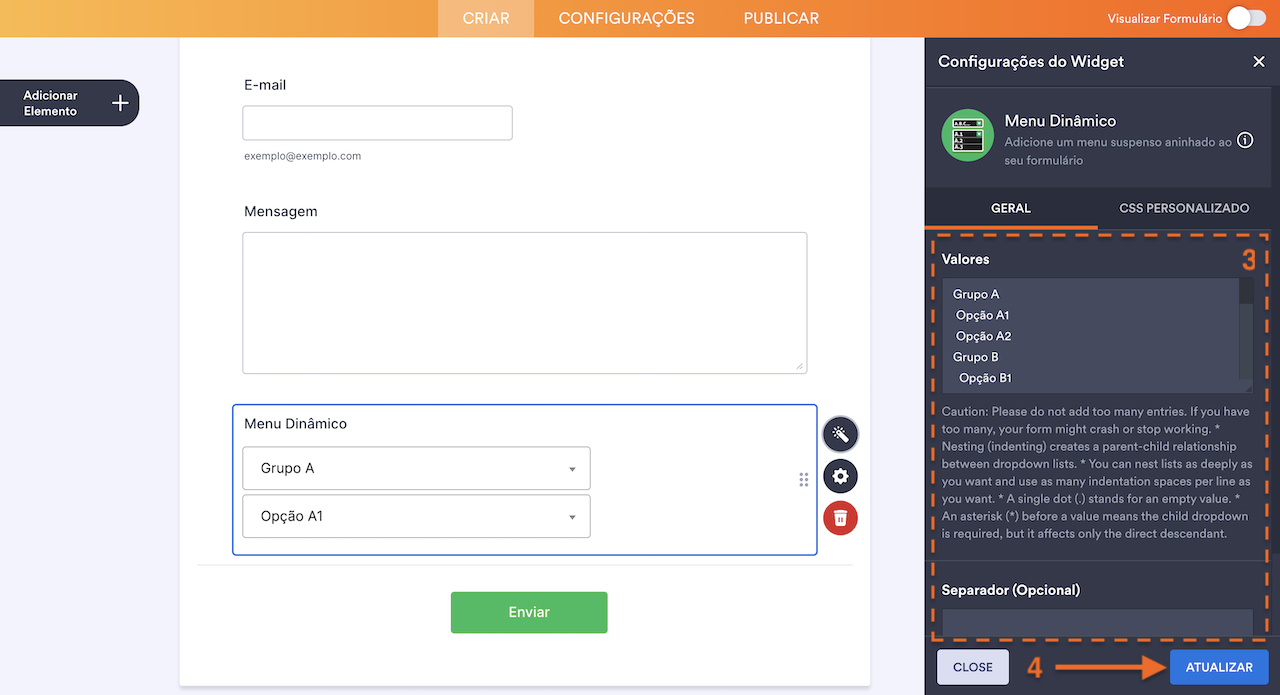 Configurando valores do Menu Dinâmico
