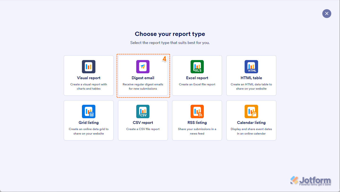 Clicking Digest Email on the Create Report page in Jotform